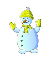 Snowman in a yellow hat, mittens and a scarf isolated on a white background. Stock vector illustration.