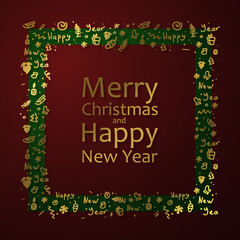 Gold frame from golden symbols, snowflakes, stars, branches, tree, santa, gifts with lettering Happy New Year and Merry Christmas. Red and green background. Christmas holiday design, decor.