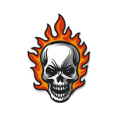 Skull in flame hand drawn emblem. Tattoo or logo template vector illustration.