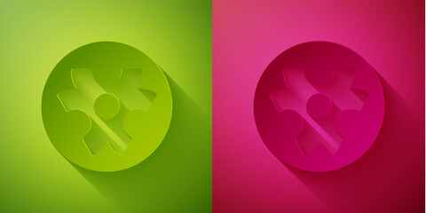 Paper cut Biohazard symbol icon isolated on green and pink background. Paper art style. Vector.