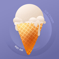 Vanilla white ice cream cone, waffle with dots on blue frozen background with text. Flat design. Vector illustration. Element for banner, cards, poster, holiday, party.