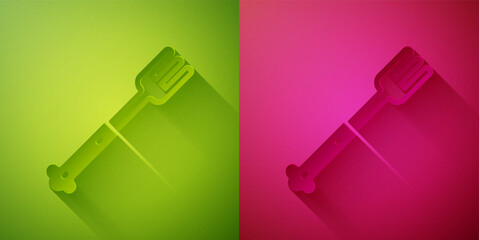 Fototapeta premium Paper cut Fork icon isolated on green and pink background. Cutlery symbol. Paper art style. Vector.