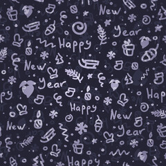 Christmas dark blue background with snowflakes, stars, branches, tree, santa, gifts and lettering Happy New Year. Seamless silver pattern. Christmas holiday design, decor. Vector illustration.