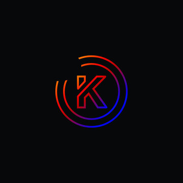 Elegant Design of K Alphabet .Purple And Pink Color Gradient Enclosure Logo Design For Letter K.Uppercase Letter K is Enclosed in Two Circle.Creative and Unique Logo Design For Letter K.