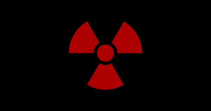 Nuclear radiation symbol and danger distorted text on damage retro tv background. Abstract concept of atomic radioactive alert with noise and glitch effect. Seamless and loopable rendering animation.