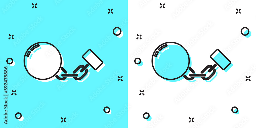 Poster black line ball on chain icon isolated on green and white background. random dynamic shapes. vector.