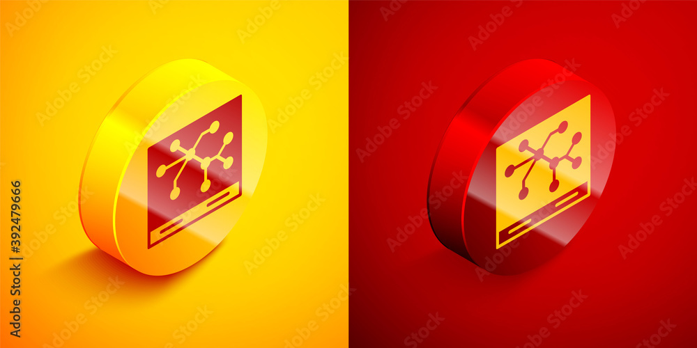 Poster Isometric Railway map icon isolated on orange and red background. Circle button. Vector.