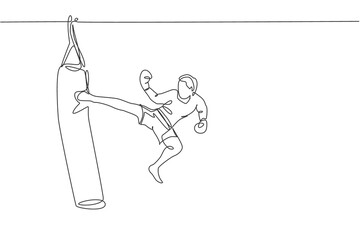 One single line drawing of young energetic man kickboxer practice jump kicking with punch bag in boxing arena vector illustration. Healthy lifestyle sport concept. Modern continuous line draw design