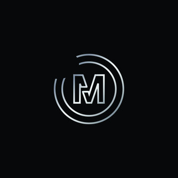 Elegant Design of M Alphabet . Silver Enclosure Logo Design For Letter M. Uppercase Letter M is Enclosed in Two Circle. Modern and Unique Logo Design For Letter M.