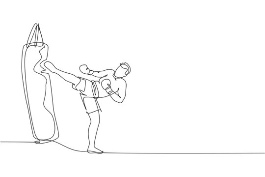 recommend clip art: One continuous line drawing of young sporty man kickboxer athlete training with kick punching bag at gym center. Combative kickboxing sport concept. Dynamic single line draw design vector illustration