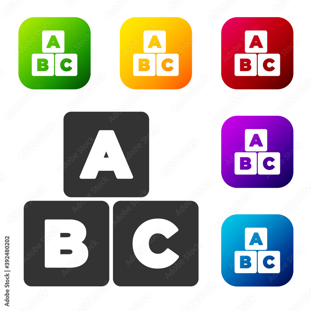 Poster black abc blocks icon isolated on white background. alphabet cubes with letters a,b,c. set icons in 