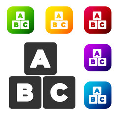 Black ABC blocks icon isolated on white background. Alphabet cubes with letters A,B,C. Set icons in color square buttons. Vector.