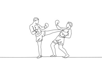 Single continuous line drawing of young sportive man kickboxer fighting for champion title in sport hall. Fight competition kickboxing sport concept. Trendy one line draw design vector illustration