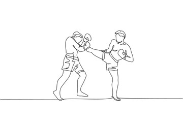 One single line drawing of young energetic man kickboxer practice with personal trainer in boxing arena vector graphic illustration. Healthy lifestyle sport concept. Modern continuous line draw design