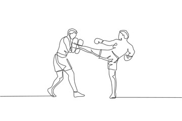 Fototapeta na wymiar Single continuous line drawing of young sportive man kickboxer exercise with personal trainer in sport hall. Fight competition kickboxing sport concept. Trendy one line draw design vector illustration