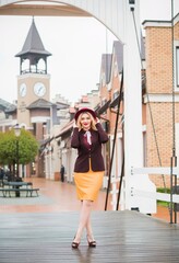 Woman at city, plus size blonde nice woman outdoor portrait. Pretty nice lady in fashionable warm outfit, lifestyle, shopping time, woman at walk