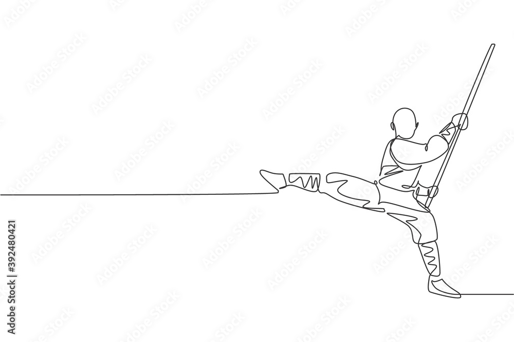 Poster one single line drawing of young energetic shaolin monk man exercise kung fu fighting with stick at 