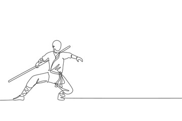 One continuous line drawing of young shaolin monk man practice kung fu with stick at temple ground. Traditional Chinese combative sport concept. Dynamic single line draw design vector illustration