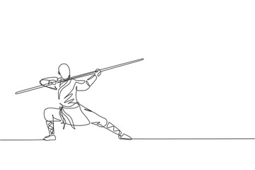One single line drawing of young energetic shaolin monk man exercise kung fu fighting with stick at temple vector illustration. Ancient Chinese martial art sport concept. Continuous line draw design