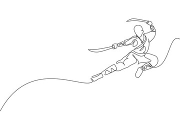 Single continuous line drawing of young muscular shaolin monk man holding sword and train jumping kick at temple. Traditional Chinese kung fu fight concept. One line draw design vector illustration