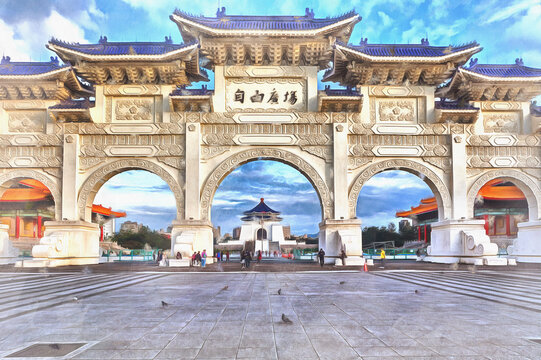 Arches at Liberty Square colorful painting, Taipei, Taiwan, Republic of China.