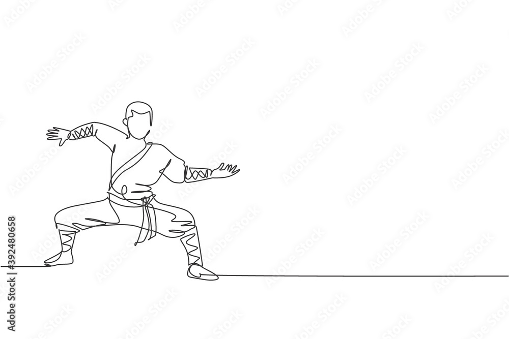 Poster one continuous line drawing of young shaolin monk man practice kung fu style at temple ground . trad