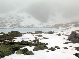 frozen lagoon in high mountain