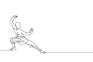 Fototapeta premium One continuous line drawing of young shaolin monk man practice kung fu style at temple ground . Traditional Chinese combative sport concept. Dynamic single line draw design graphic vector illustration