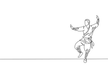 Fototapeta na wymiar One single line drawing young energetic shaolin monk man exercise kung fu fighting at temple vector graphic illustration. Ancient Chinese martial art sport concept. Modern continuous line draw design