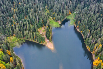 Aerial view to beautiful blue mountain lake surrounded by spruce forest