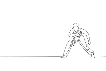 One single line drawing of young energetic man capoeira dancer perform dancing fight vector graphic illustration. Traditional martial art lifestyle sport concept. Modern continuous line draw design