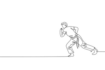 One continuous line drawing of young sporty Brazilian fighter man training capoeira on the beach. Healthy traditional fighting sport concept. Dynamic single line draw design vector illustration