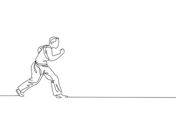 One continuous line drawing of young sporty Brazilian fighter man training capoeira on the beach. Healthy traditional fighting sport concept. Dynamic single line draw design vector illustration