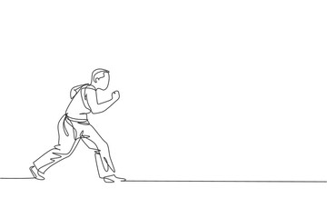 Fototapeta premium One continuous line drawing of young sporty Brazilian fighter man training capoeira on the beach. Healthy traditional fighting sport concept. Dynamic single line draw design vector illustration