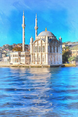 Ortakoy Mosque colorful painting, 1856, Bosphorus Istanbul Turkey.