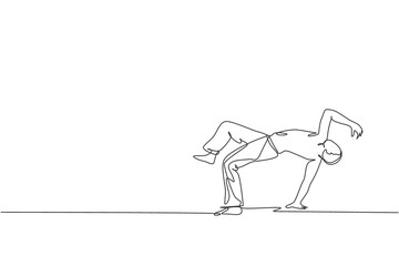 Single continuous line drawing of young sportive man practice Brazilian capoeira move dance at outdoor street. Culture martial art and sport concept. Trendy one line draw design vector illustration