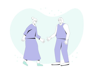 Senior couple standing together. Mature man and woman. Elderly wife and husband wearing in casual clothes. Vector line art flat illustration.