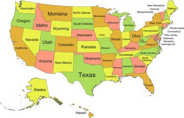 Pastel vector federal map of the United States of America with black borders and names of it's federal states