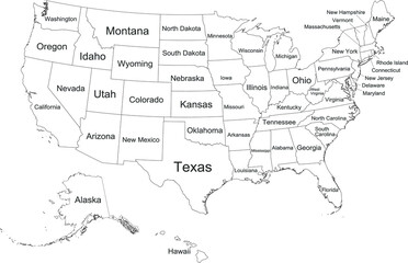 White vector federal map of the United States of America with black borders and names of it's federal states