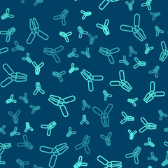 Green line Car battery jumper power cable icon isolated seamless pattern on blue background. Vector Illustration.