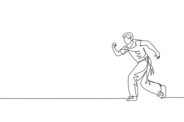Fototapeta premium One continuous line drawing young sporty Brazilian fighter man training capoeira on the beach. Healthy traditional fighting sport concept. Dynamic single line draw graphic design vector illustration