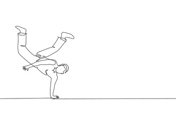 Single continuous line drawing of young sportive man practice Brazilian capoeira move dance at outdoor street. Culture martial art and sport concept. Trendy one line draw design vector illustration