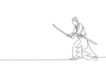 One continuous line drawing of young bravery samurai warrior pose ready to attack at training session. Martial art combative sport concept. Dynamic single line draw design vector graphic illustration