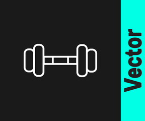 White line Dumbbell icon isolated on black background. Muscle lifting icon, fitness barbell, gym, sports equipment, exercise bumbbell. Vector Illustration.