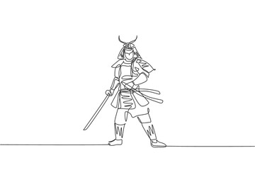 Single continuous line drawing of young strong samurai shogun wearing traditional uniform holding sword at festival. Ancient fighter soldier concept. Trendy one line draw design vector illustration
