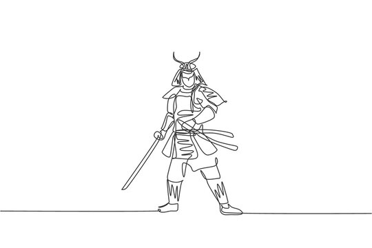 Single continuous line drawing of young strong samurai shogun wearing traditional uniform holding sword at festival. Ancient fighter soldier concept. Trendy one line draw design vector illustration