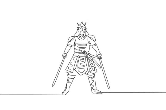 recommend clip art: One single line drawing of young Japanese samurai warrior holding katana sword practicing at dojo center vector graphic illustration. Combative martial art concept. Modern continuous line draw design