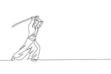 One continuous line drawing of young bravery samurai warrior pose ready to attack at training session. Martial art combative sport concept. Dynamic single line draw graphic design vector illustration