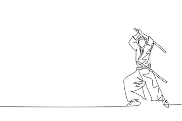 One single line drawing of young Japanese samurai warrior holding katana sword practicing at dojo center vector illustration graphic. Combative martial art concept. Modern continuous line draw design