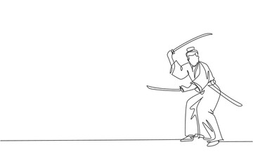 One single line drawing of young Japanese samurai warrior holding katana sword practicing at dojo center graphic vector illustration. Combative martial art concept. Modern continuous line draw design